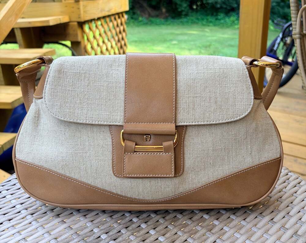 Etienne Aigner Vintage Canvas and Tan Faux Leather Trim Shoulder Bag